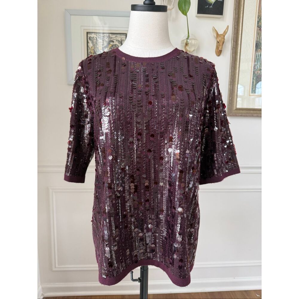 Chico’s Sequin Pullover Julie Sweater Dark Plum Purple 1 M